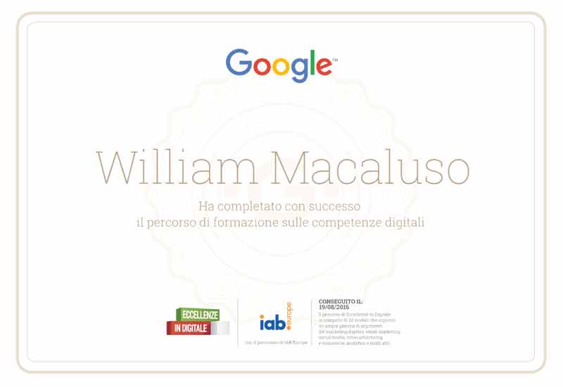 immagine della certicicazione conseguita presso la piattaforma Eccellenze in Digitale Google per il digital marketing